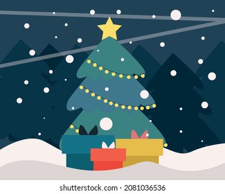 Christmas tree with gifts. Christmas tree in the forest, gifts under the tree. It's snowing, a winter snowdrift