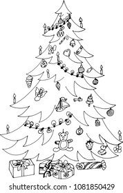 Christmas tree with gifts. Freehand sketch drawing for adult antistress coloring book