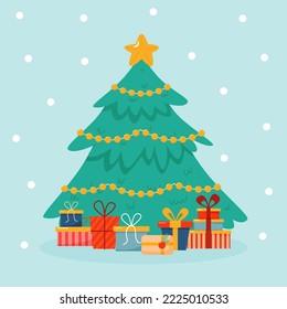 Christmas tree with gifts, garland and star on top on blue background