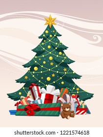 Christmas tree with gifts. Christmas greeting card.
