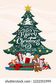 Christmas tree with gifts.  Greeting card with lettering