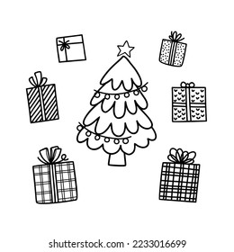 Christmas tree with gifts. Hand drawn doodle outline vector illustration.