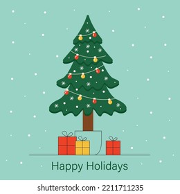 Christmas tree with gifts. Happy holidays lettering. Greeting card design. Vector illustration