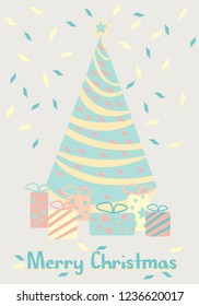 Christmas tree with gifts. Happy New Year. Cartoon vector pastel color . Vintage & Minimal style. Greeting card. Background pink color.