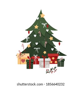 Christmas tree with gifts isolated in flat style. New Year card in trendy cartoon style. Vector stock illustration.