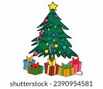 Christmas tree with gifts. Isolated on white.