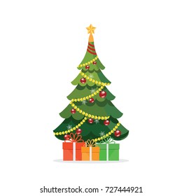 Christmas tree with gifts isolated on white, vector illustration.