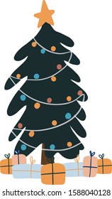 Christmas tree with gifts. Isolated vector illustration on white background in cartoon style