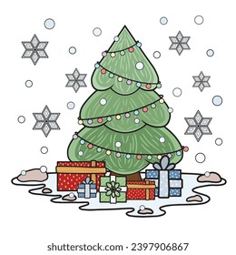 Christmas tree with gifts and lights. Vector art of snow, snowflakes and tree.