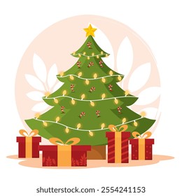 Christmas tree with gifts and lights Vector