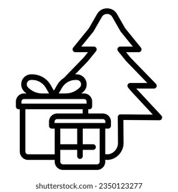 Christmas tree and gifts line icon, Winter season concept, New Year eve sign on white background, Christmas tree and presents icon in style for web design. Vector graphics.