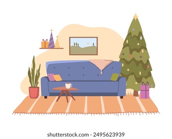 Christmas tree with gifts, living room with sofa, carpet and potted plant, flat cartoon vector illustration. Home interior with decorated New Year tree with garland, table and picture on wall