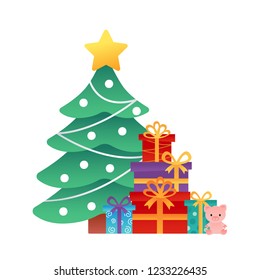 Christmas tree with gifts. Merry Christmas. Happy new year. Greeting card for new year and christmas, banner, poster. Year of the pig. Vector images in cartoon style.