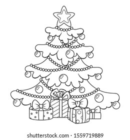 Christmas tree with gifts. Merry Christmas and Happy New Year greeting card template. Black and white vector illustration for coloring book
