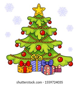 Christmas tree with gifts. Merry Christmas and Happy New Year greeting card template