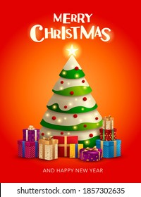 Christmas tree with gifts. Merry Christmas and Happy New Year season greetings.