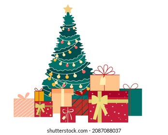 Christmas tree with gifts. Merry Christmas and Happy New Year design for greeting cards, festive posters, backgrounds. Vector illustration isolated on white 