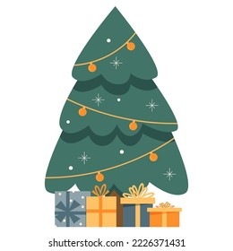 Christmas tree with gifts. Merry Christmas and Happy New Year. Vector illustration