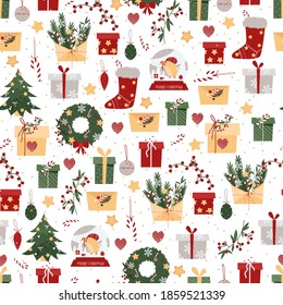 Christmas tree, gifts, New Year wreath, envelopes and socks on a white background. Christmas seamless pattern. New year background with festive hand drawn elements. Trending design for wrapping paper.