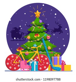 Christmas tree with gifts on the background of Santa Claus on a sleigh, bike, skates, putter. Decoration for greeting cards, posters, patches, emblems. Modern flat style isolated on blue background.
