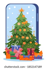 Christmas tree with gifts on the background of a smartphone. Bright festive winter illustration. Vector
