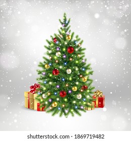 Christmas tree with gifts on the background of falling snowflakes