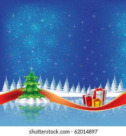 christmas tree with gifts on blue background
