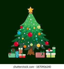Christmas tree with gifts on dark green background.