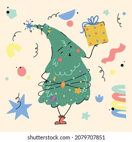 Christmas tree with gifts on a light background. Decorations with stars, balls and garlands, geometric shapes. Gift boxes with bow, vector illustration. For New Year's cards, banners, posters.