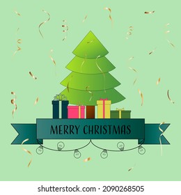 Christmas tree with gifts on a light green background serpentine inscription