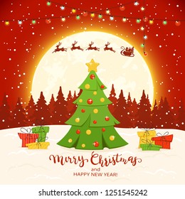 Christmas tree with gifts on red winter background with lettering Merry Christmas and Happy New Year, illustration.