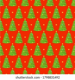 Christmas tree and gifts on a red background. Christmas and new year seamless pattern. Flat vector illustration.