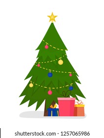 
Christmas tree with gifts on a white background. vector cartoon illustration