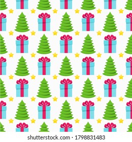 Christmas tree and gifts on a white background. Christmas and new year seamless pattern. Flat vector illustration.