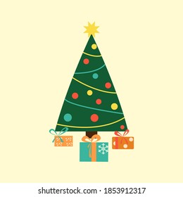 Christmas' tree and gifts on yellow background. Vector illustration for card, greetings. EPS 10. Trendy flat illustration.