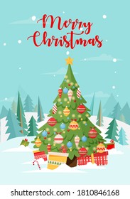 Christmas tree with gifts and presents, decorated with baubles and balls on winter forest background. Vector illustration in flat syle for xmas and new year greeting cards and design