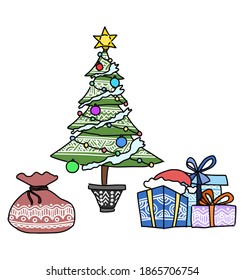 christmas tree with gifts and santa claus bag. vector doodle illustration
