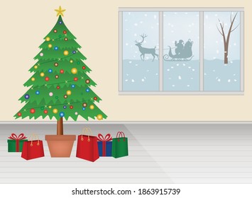 Christmas tree with gifts and Santa sleigh silhouette on the window. Winter Christmas scene, vector illustration