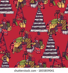 Christmas tree with gifts. seamless pattern, christmas tree and other festive details, garland. Childish hand-drawn Scandinavian style. New Year's palette. For wallpaper, textiles, clothing, scrapbook