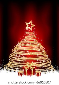 Christmas tree and gifts in snow