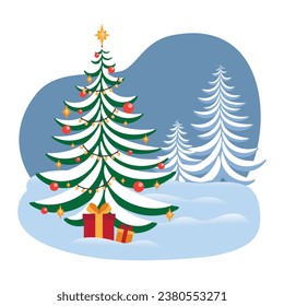 Christmas tree and gifts in the snow. Flat vector illustration.