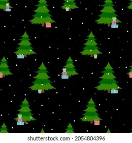 Christmas tree with gifts and snowfall. Seamless christmas pattern.