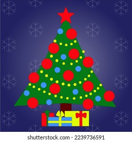 Christmas tree with gifts and snowflakes.