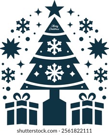 christmas tree with gifts and snowflakes on a white background