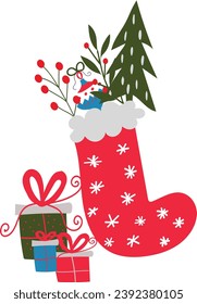 árbol de navidad y regalos. Calceta de Navidad con vector de regalos