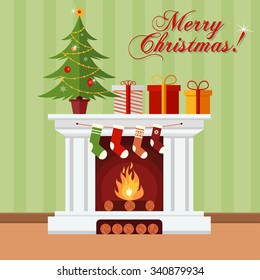 Christmas tree, gifts and stockings on a fireplace. Xmas greeting card