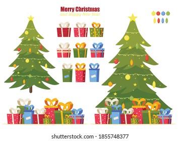 Christmas tree, gifts, toys,  Christmas set of themed items