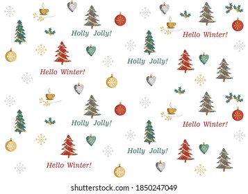 Christmas tree, gifts and toys, wreath, vector illustration of Christmas card