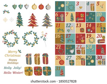 Christmas tree, gifts, toys, wreath, Christmas set of themed items, holiday advent calendar.