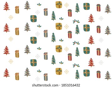 Christmas tree, gifts and toys, wreath, vector illustration of Christmas card